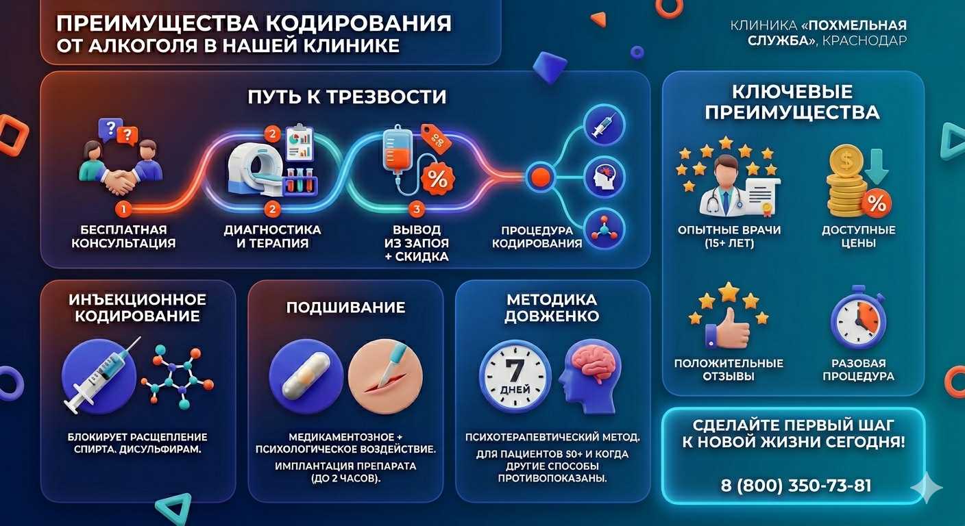 Инфографика о методах кодирования от алкоголя в Локомотивном: инъекции, подшивание, метод Довженко. Преимущества клиники и этапы лечения.