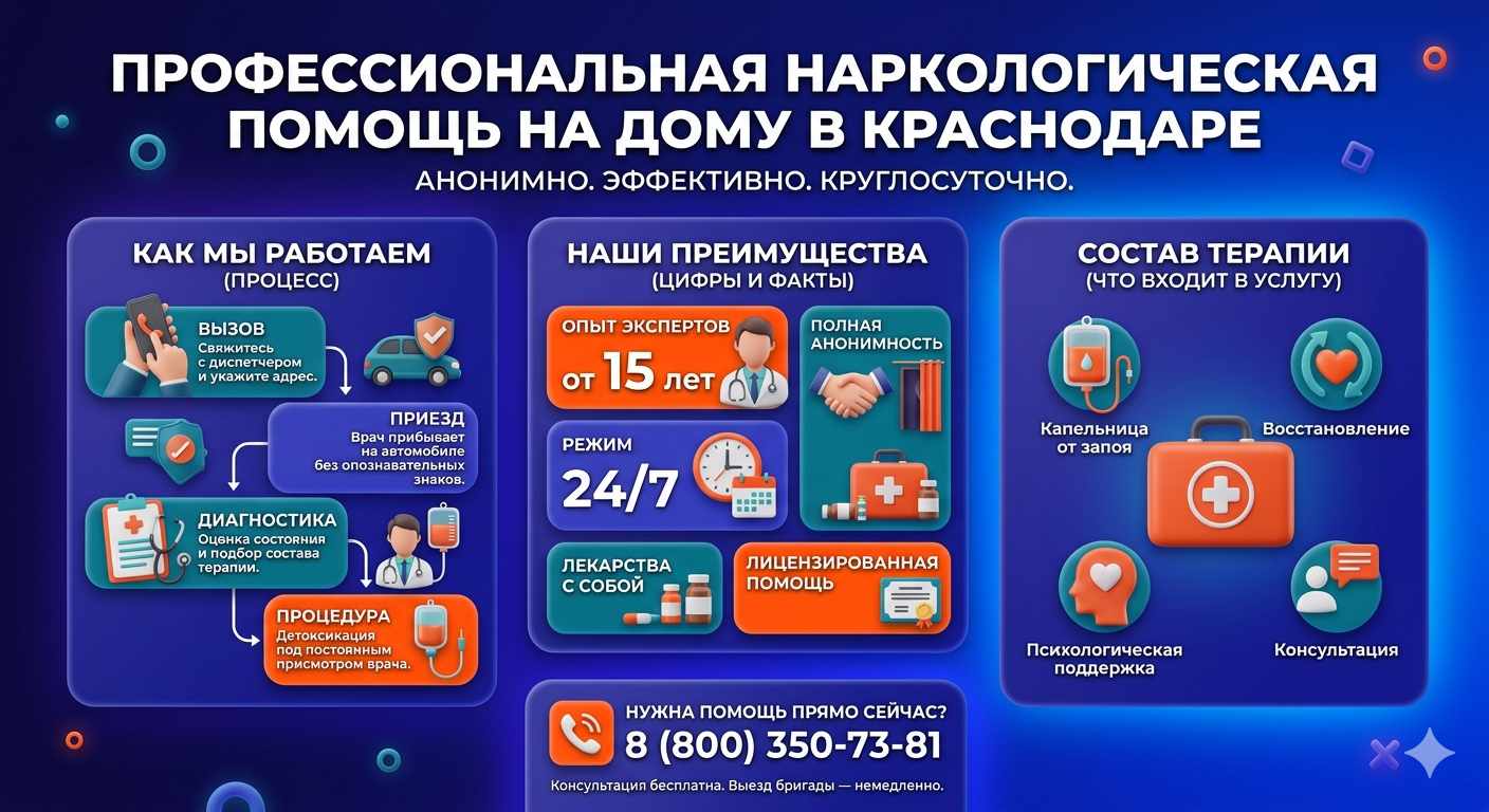 Инфографика о принципах лечения алкоголизма на дому в Локомотивном: этапы вызова нарколога, преимущества анонимной детоксикации и состав медицинской помощи.